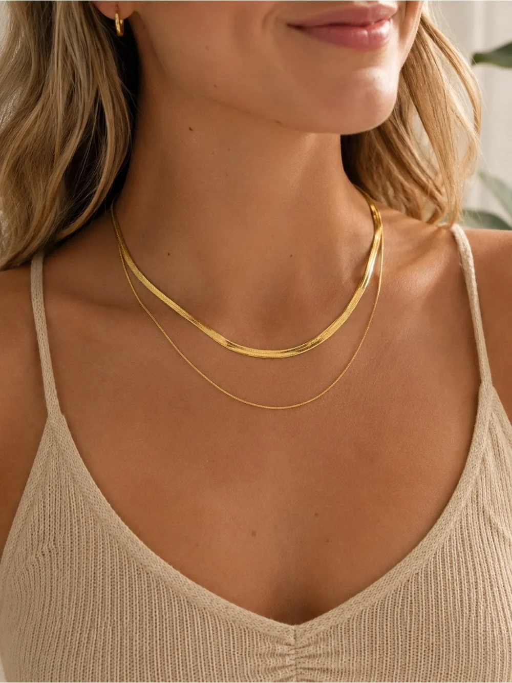 Layered Herringbone Snake Chain Necklace 18K Gold Plated Stainless Steel NWT